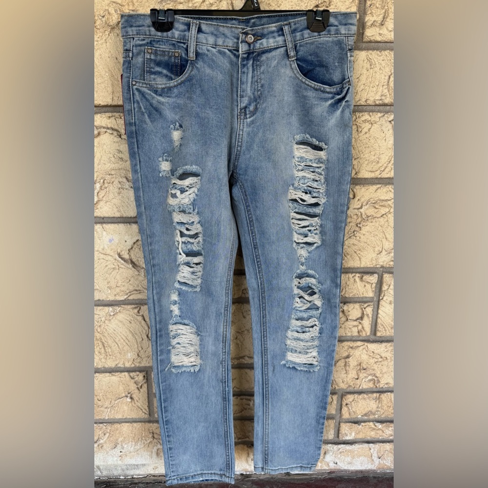 Huamuzi Denim Distressed Blue Jeans Women Import china Rare Size XL NWT New